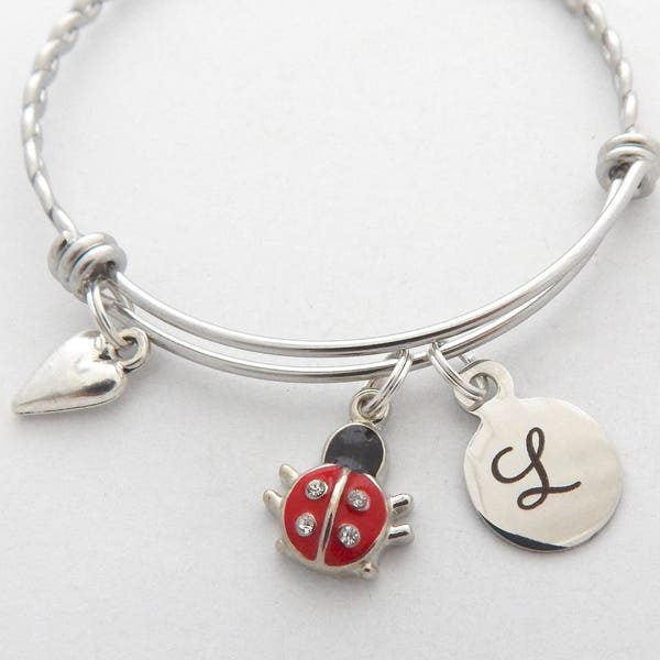 Personalized LadyBug Bracelet, Ladybug Jewelry, Ladybug Charm Bracelet, Ladybug Gift, Bug Jewelry, Insect Bracelet, Ladybug Bangle