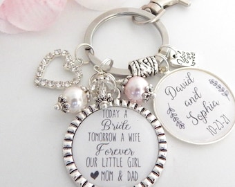 Personalized Wedding Keychain for BRIDE From MOM From Dad Bridal Bouquet Charm Daughter Wedding Gifts Today a Bride Father Daughter engraved