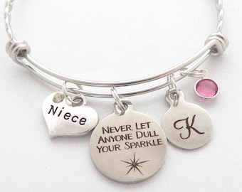 Niece Bracelet, Niece Gift, Niece Bangle, Monogram Initial Gift-Gifts for Nieces Gifts-Gifts for my Niece-Never let anyone dull your sparkle