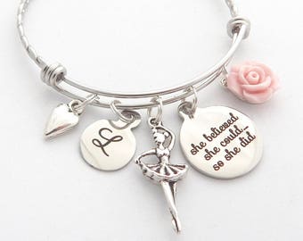 Personalized Ballet Bracelet, Dance Recital Gift, Ballerina charm bracelet, Niece gift, Dancer Jewelry, Ballet Bangle, Dance Teacher Gift