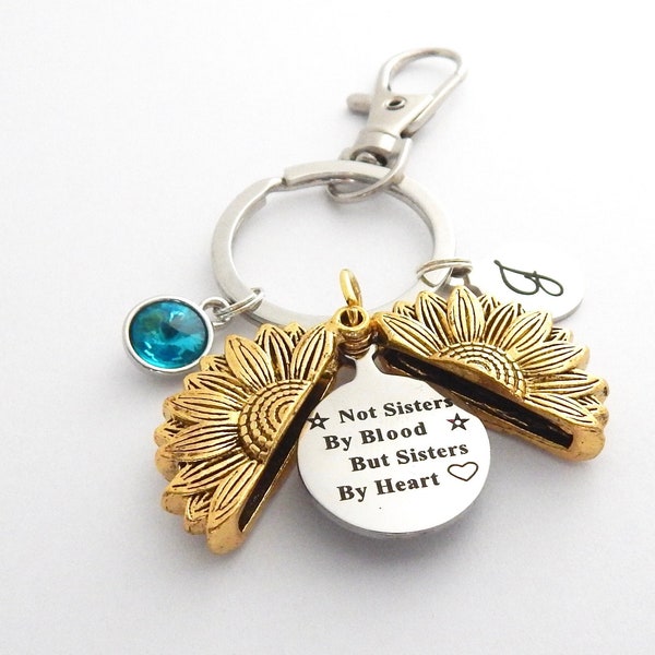 Best Friends Keyring Gift, SISTERS By HEART Keychain, Sunflower Hidden Message, Gifts for Her, Friendship Jewelry