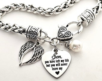 Memorial BRACELET, Son Angel Wing Sympathy Gift for Mother, Loss of Son, Sister, Remembrance, You will never leave my heart Loss of child