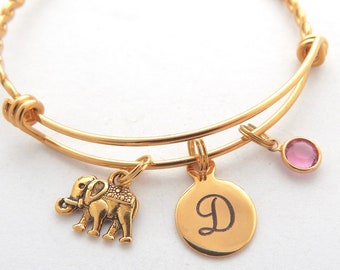 Bracelet éléphant doré, force bijoux, bijoux éléphant, éléphant cadeau, Bracelet de force personnalisé, initiale, monogramme Pierre de naissance