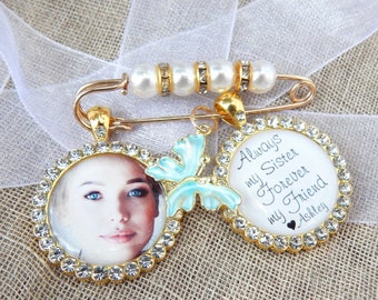 Personalized Memorial Bouquet Pin with Pearls, Blue Butterfly Keepsake Bridal Flower Pin Decorative Pin Customized Quote Memory Photo Charm