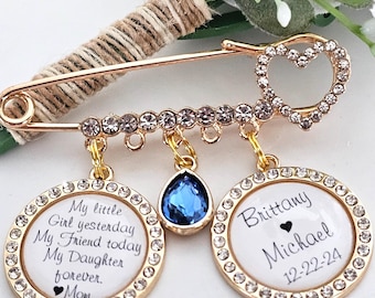 Custom Bridal Pin, Bridal Bouquet Something Blue Wedding Charm For Bride from Mother Daughter Gift, Bride and Grooms name and Wedding Date