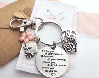 GRADUATION Gift Silver Keychain, Grad Gift for Her 2024 Personalized Graduation Gift Behind you all your memories, Bulk keychains for grad