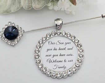 Daughter in Law Bridal Pin, Bridal Bouquet Charm from Groom's Parents, Rhinestone Wedding Charm, For Bride from Mother in Law