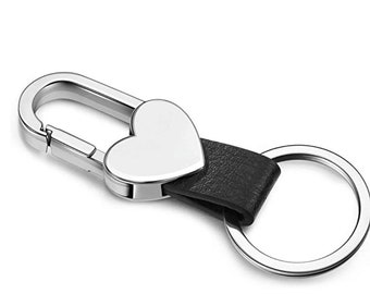 Black leather Heart Keychain - Keyring with stainless steel Heart - Purse Clip - Love Heart Keychain