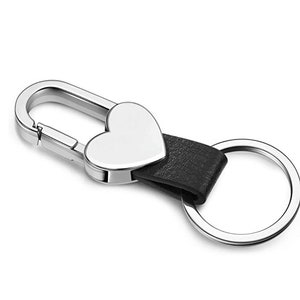 Black leather Heart Keychain - Keyring with stainless steel Heart - Purse Clip - Love Heart Keychain