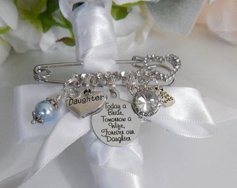 Crystal Diamond Engraved Bridal Pin, Bridal Bouquet Charm, Bling Boutonniere Charm, For Bride from Mom and Dad -Six pence, Daughter Gift