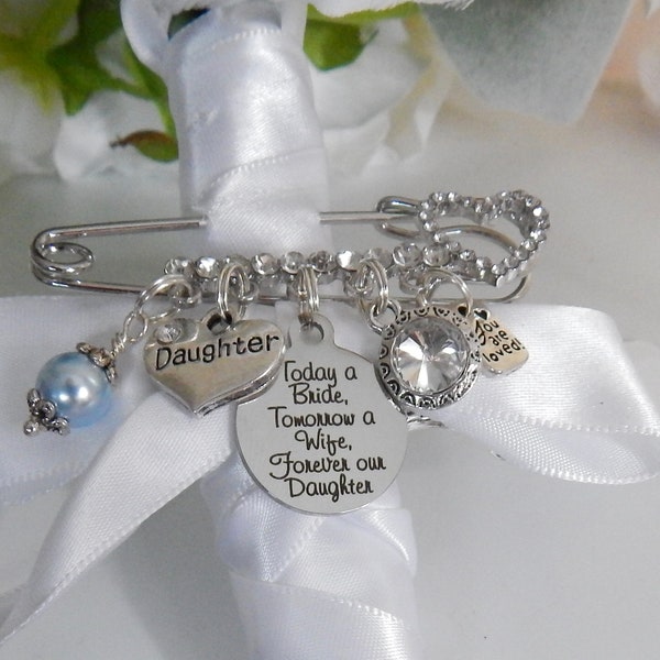 Crystal Diamond Engraved Bridal Pin, Bridal Bouquet Charm, Bling Boutonniere Charm, For Bride from Mom and Dad -Six pence, Daughter Gift