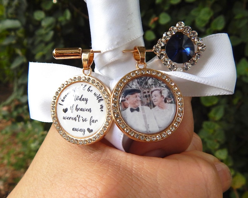 Custom Wedding Something Blue photo Memory charm to attach to bride bouquet Gift for wedding bridal shower Remembering Loved one Boutonniere image 4