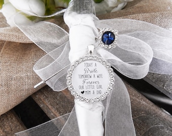 BRIDE Gift From MOM and Dad, Bridal bouquet Charm Wedding Jewelry for Bride, Women Today a Bride, Mother Daughter Wedding Gift Sapphire pin