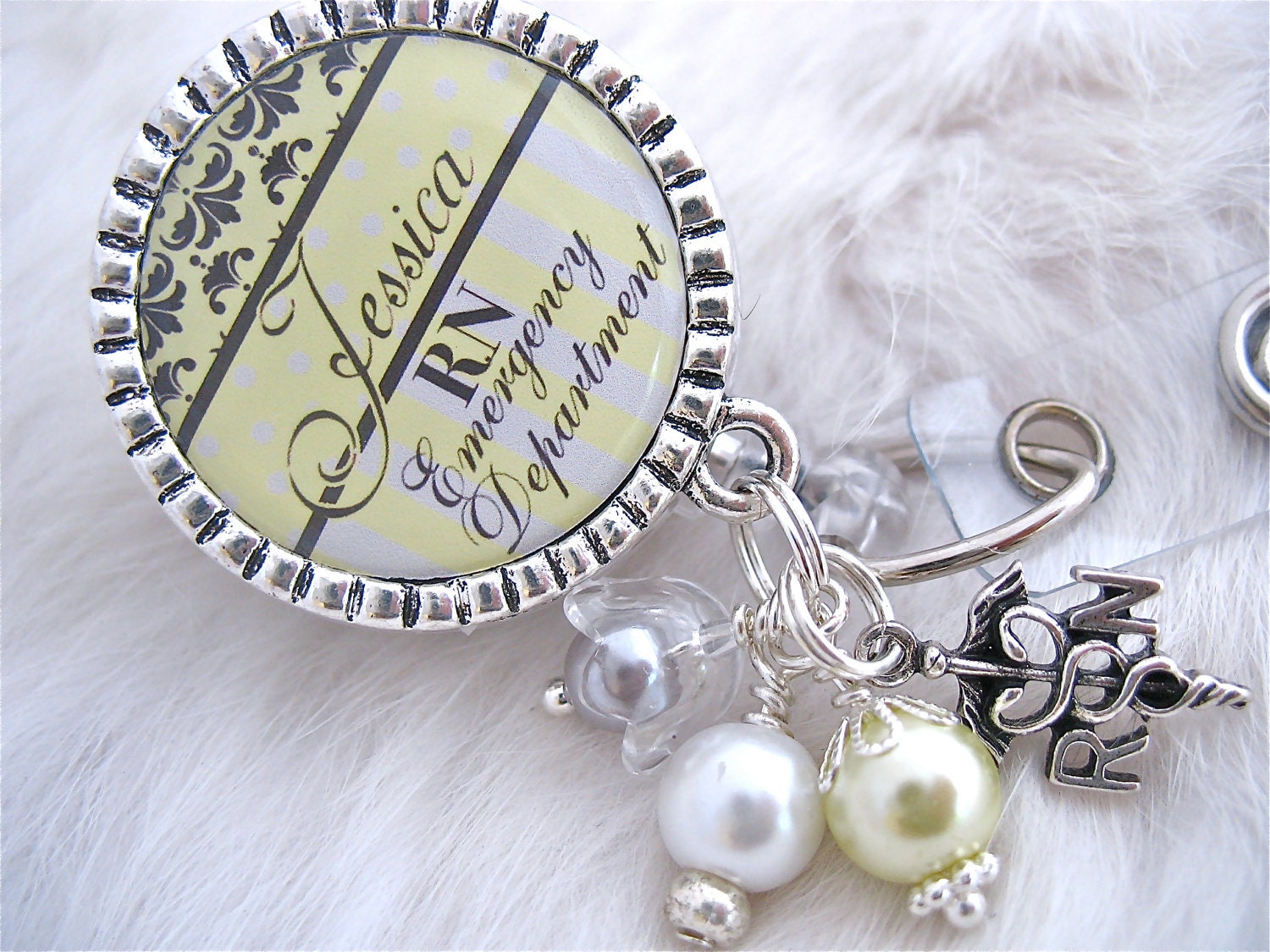 RN BADGE Holder Reel Personalized Yellow Grey and Black Damask