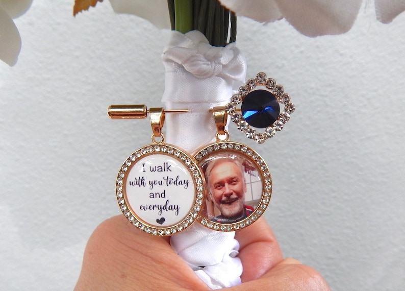 Custom Wedding Something Blue photo Memory charm to attach to bride bouquet Gift for wedding bridal shower Remembering Loved one Boutonniere image 2