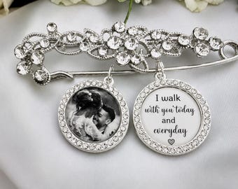 Custom Bridal Bouquet Photo Charm Pin – Rhinestone Remembrance Pendant for Bride Wedding Keepsake