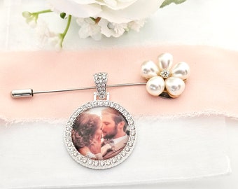 Personalized Memorial Bouquet Pin with Pearls, Blue Butterfly Keepsake Bridal Flower Pin Decorative Pin Customized Quote Memory Photo Charm