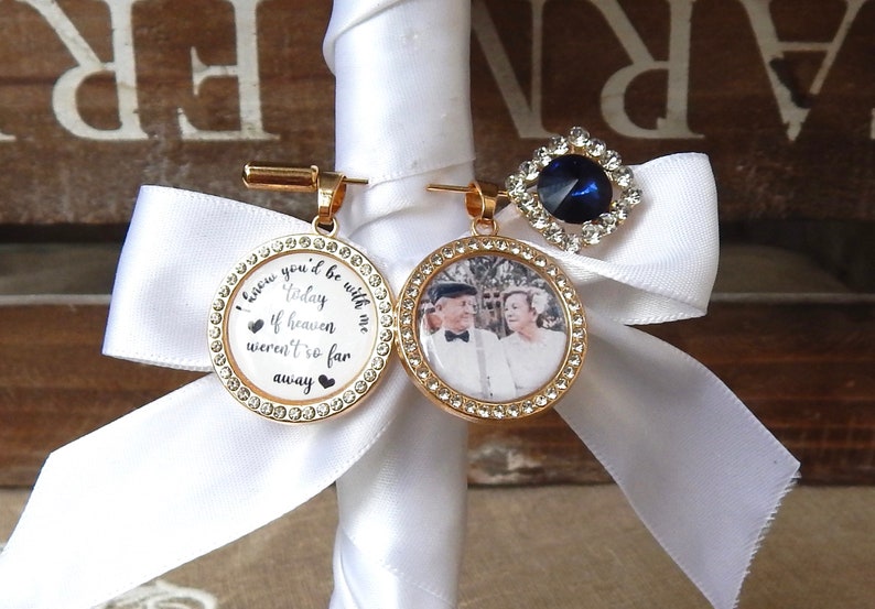 Custom Wedding Something Blue photo Memory charm to attach to bride bouquet Gift for wedding bridal shower Remembering Loved one Boutonniere image 3
