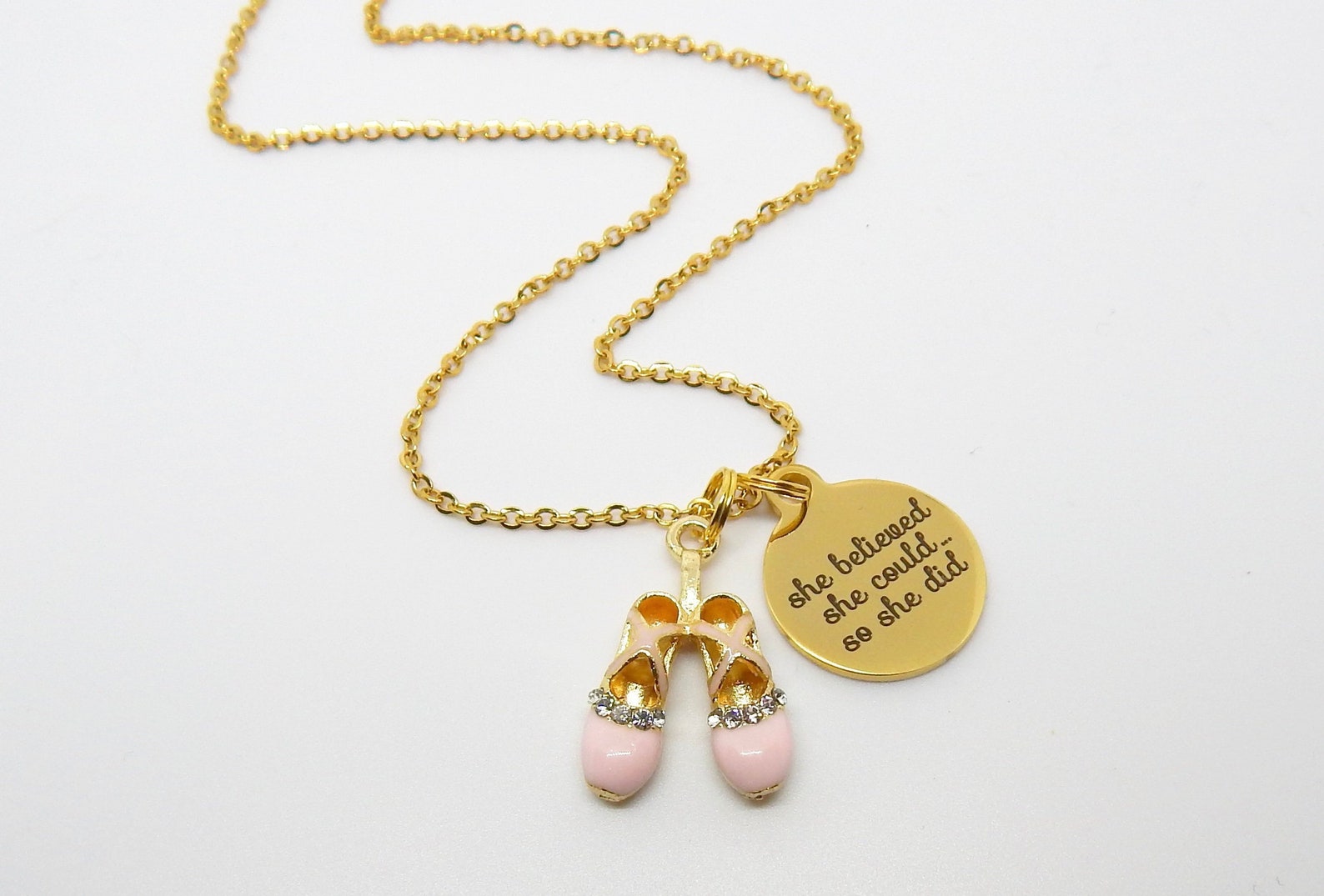 gold ballet necklace-pink ballet shoes jewelry-dancer quote she believed she could ballet gift ballerina jewelry-ballet recital