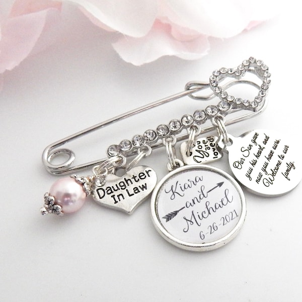 Personalized Bridal Pin, Bridal Bouquet Charm, Rhinestone Wedding Charm, For Bride from Mother in Law, Daughter in Law Gift, Pink wedding