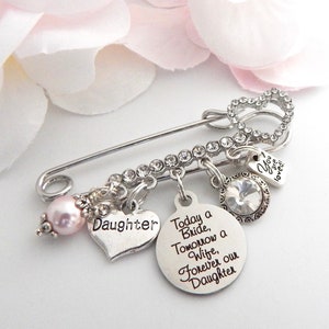 Engraved Bridal Pin, Bridal Bouquet Charm, Pink Wedding Dress Pin-Bling Boutonniere Charm for Bride from Mom Dad-Six pence, Daughter Gift