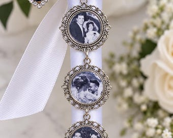 Custom Photo Wedding Bouquet Charm, Personalized Memorial Photo Bouquet Pin, Groom Boutonniere, Blue Bride Gift, Wedding Remembrance Gift