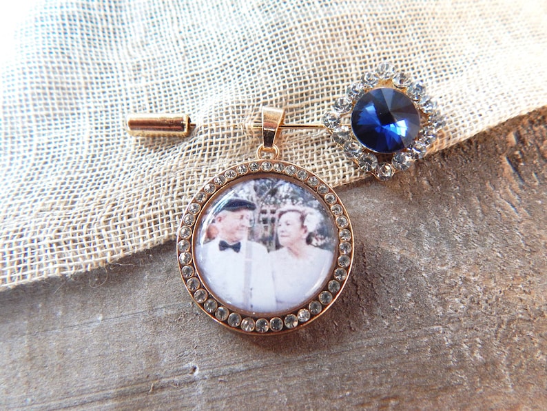Custom Wedding Something Blue photo Memory charm to attach to bride bouquet Gift for wedding bridal shower Remembering Loved one Boutonniere image 5