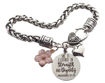 Bracelet with Bible Verse Inspirational Christian Jewelry for Women Proverbs 31:25 She is Clothed in Strength and Dignity Bracelet Scripture