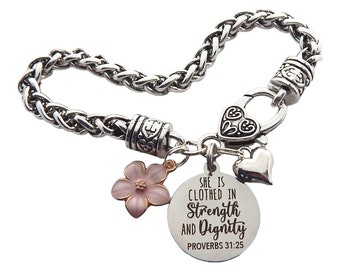 Inspirational Christian Jewelry for Women Proverbs 31:25 She is Clothed in Strength and Dignity Bible Verse Bracelet Scripture Encouragement