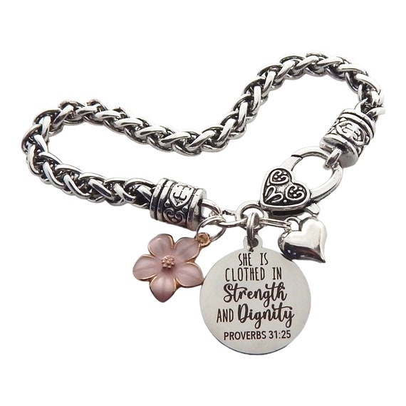 Bracelet with Bible Verse Inspirational Christian Jewelry for Women Proverbs 31:25 She is Clothed in Strength and Dignity Bracelet Scripture