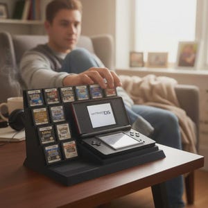 Op de afbeelding: Een zwarte Nintendo DS-console met een rode rand, op een zwarte standaard met spelcartridges. De standaard biedt plaats aan meerdere spelcartridges. Het scherm toont het Nintendo DS-logo. Een persoon is op de achtergrond te zien.