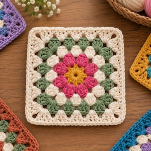 May include: A square crochet granny square featuring a central yellow flower motif surrounded by layers of pink, sage green, and cream yarn. The square is constructed with clusters of double crochet stitches, creating a textured, geometric floral pattern.