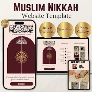 May include: A digital Muslim Nikkah website template displayed on a smartphone, laptop, and tablet. The design features a deep maroon and cream color palette with Arabic calligraphy, a geometric mandala, RSVP, timeline, and photo gallery sections.