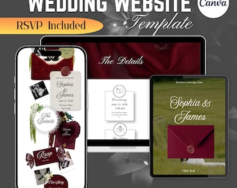 Hochzeit Website Burgund Template Canva | Alte Geld-RSVP-Seite, bearbeitbar Speichern Sie das Datum | Luxus Digitale Einladung, Handy freundlich