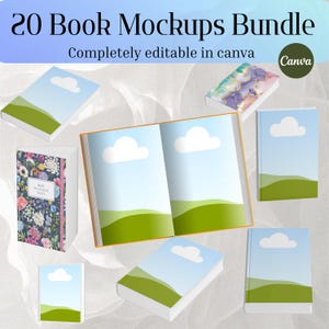 May include: A digital bundle of 20 book mockups featuring various cover designs, including a floral daily planner and multiple landscape scenes with blue skies, white clouds, and green hills. The text 20 Book Mockups Bundle and Canva appear.