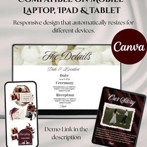 May include: A digital wedding invitation template displayed on a laptop, tablet, and smartphone. The design is responsive and resizes for different devices. The Canva logo is visible. The text includes "The Details" and "Our Story."