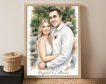 Custom Couple Watercolor Portrait from Photo – Personalized Gift for Her, Custom Wedding Gifts & Hand-Painted Anniversary Portrait