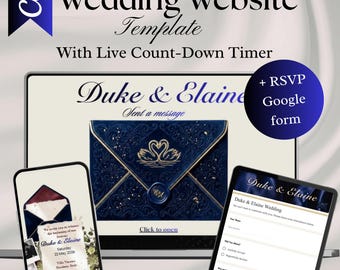 Dark Blue Custom Wedding Website Template with RSVP Form & Countdown Timer | Elegant Old Money Canva Site,Editable Modern Digital Invitation