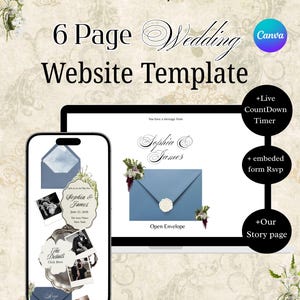 May include: A 6-page wedding website template for Canva featuring a laptop and smartphone display. The design includes blue envelopes, floral accents, and text reading Sophia & James, June 22, 2026, The Ivory Palace New York, Live CountDown Timer, and Our Story page.