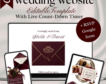 Oude geld bordeaux bruiloft websitesjabloon, klassiek bordeaux met RSVP – luxe digitale uitnodiging, aangepaste trouwsite