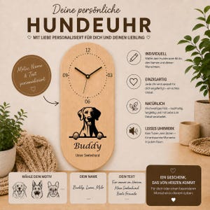 Könnte beinhalten: Eine ovale Wanduhr aus hellem Holz mit einer schwarzen Hundeillustration und dem Namen Buddy unter dem Zifferblatt. Der Text lautet "Deine persönliche HUNDEUHR", "Motiv, Name & Text personalisiert", "INDIVIDUELL", "EINZIGARTIG", "NATÜRLICH", "LEISES UHRWERK" und "EIN GESCHENK, DAS VON HERZEN KOMMT".