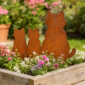 Paletti da giardino rustici in metallo a forma di gatto, set da 3, decorazioni per esterni, paletti per vasi di fiori