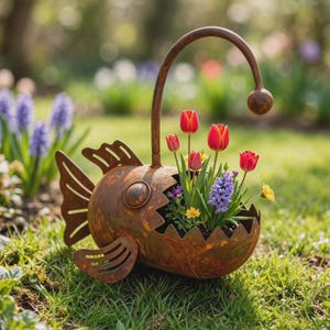 Puede incluir: Una maceta de metal color óxido con forma de pez rape y un señuelo curvado hacia arriba. La boca abierta del pez sirve como recipiente para una variedad de flores coloridas, incluyendo tulipanes rojos, jacintos morados y pequeñas flores amarillas.