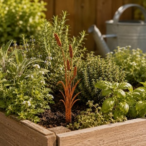 Estaca rústica de metal con forma de espadaña para jardín, adorno de jardín con forma de junco oxidado, decoración para macizos de flores al aire libre, adorno de jardín estilo cabaña de 30 cm.