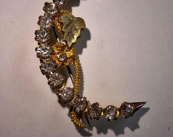 Antike viktorianische Halbmond-Brosche • Strass Starburst & Vine Detail Pin • Himmlischer romantischer Schmuck