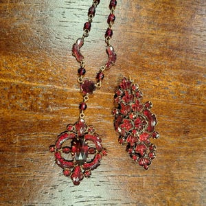 Antique Czech Art Deco Festoon Necklace Brooch Set, Siam Ruby Glass, Gablonz circa 1920s