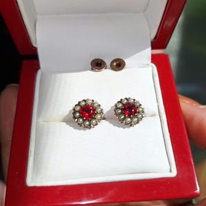 Antique Victorian 9k Rose Gold Ruby Paste & Seed Pearl Cluster Earrings | Rare Threaded Screw-Backs