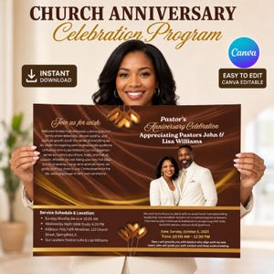 Op de afbeelding: Een vrouw houdt een bruin en goudkleurig kerkjubileumprogramma vast. Het programma bevat tekst, waaronder "Pastor's Anniversary Celebration" en "Instant Download". Het Canva-logo is zichtbaar. Het programma bevat servicegegevens en een datum.