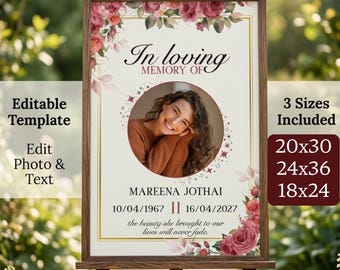 Letrero floral editable para funeral, letreros de bienvenida para funerales, servicio conmemorativo, plantilla de obituario