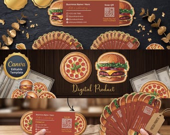 de Carte de visite pliée unique de nourriture | Design éditable sur toile pop-up pour pizza et hamburger | Code QR imprimable DIY découpé | Produit numérique